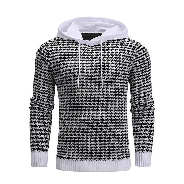 Men's Pullover Jacquard Houndstooth Hooded Sweater Basic Vintage Style