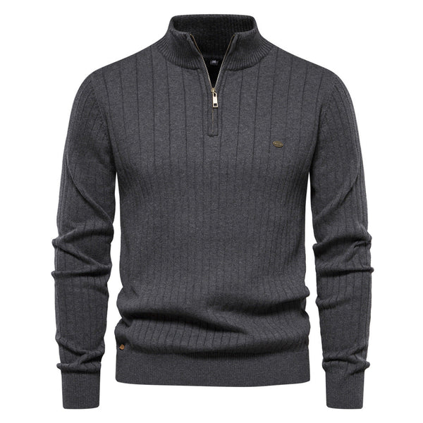 Men's Casual Cotton Half Zipper Stand Collar Pullover Sweater