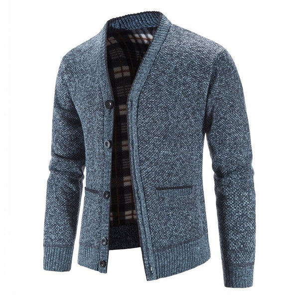 Men's Knitted V-Neck Button Down Cardigan Sweater With Flannel Lining And Pockets